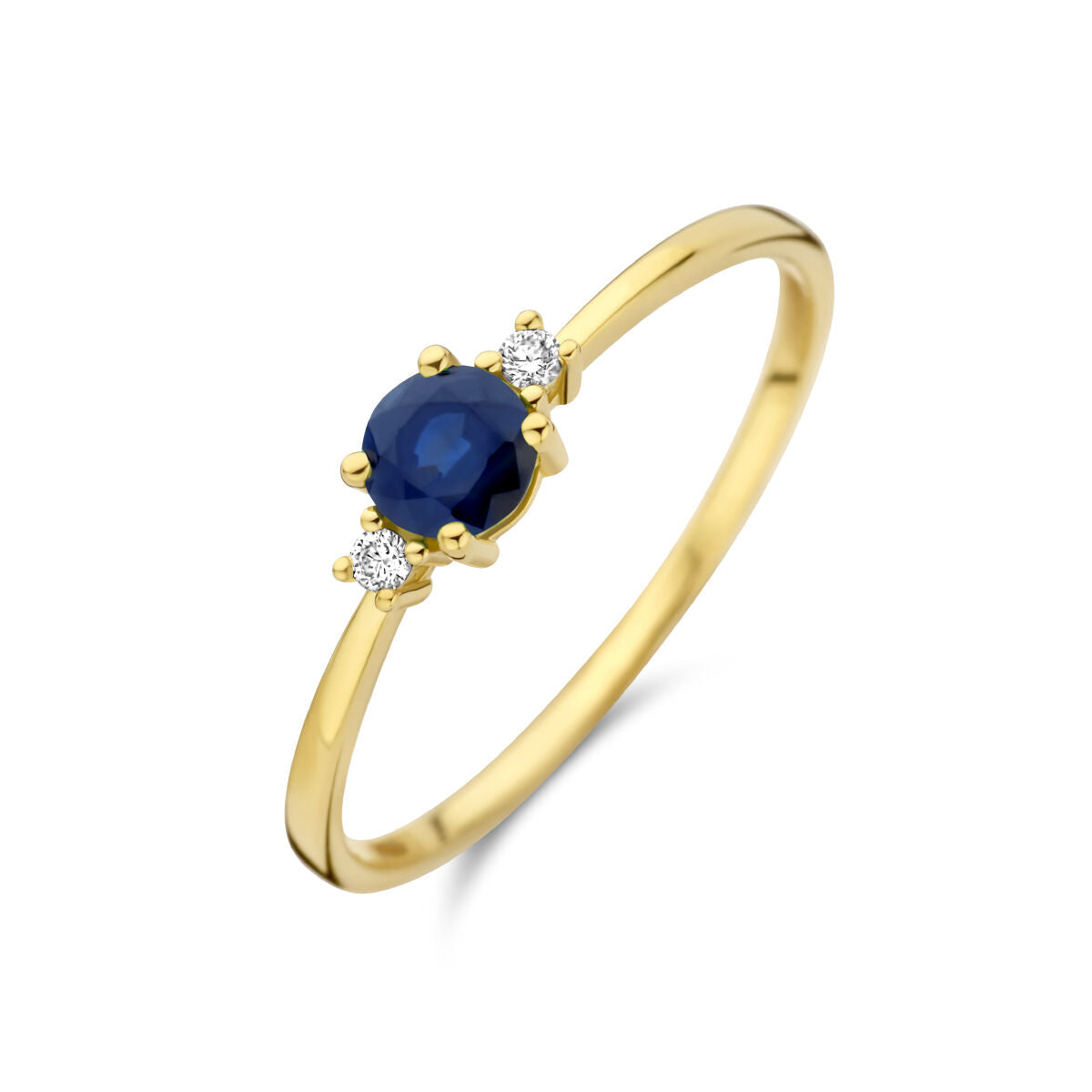Ring aus 14K Gelbgold mit blauem Saphir und zwei Diamanten (0,03 ct) auf schmalem Band