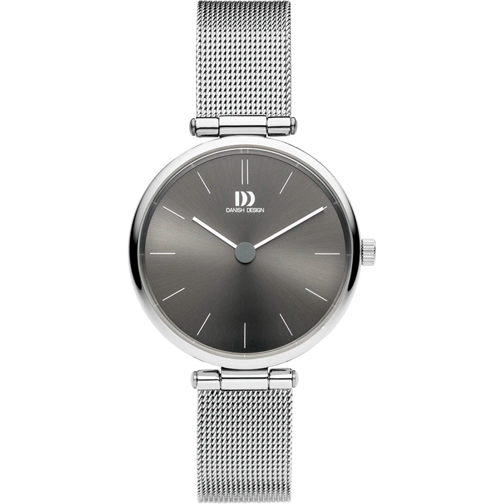 Uhr mit grauem Zifferblatt, silbernem Gehäuse und silbernem Mesh-Armband