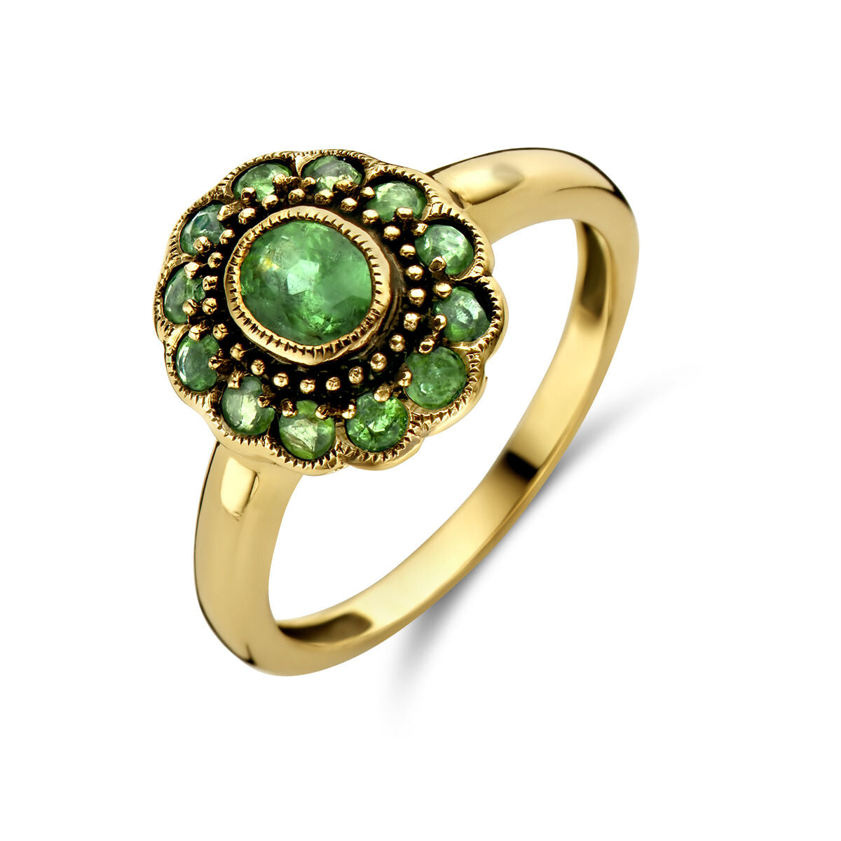 Ring aus 14K Gelbgold mit grünem Smaragd und blattförmigen Details