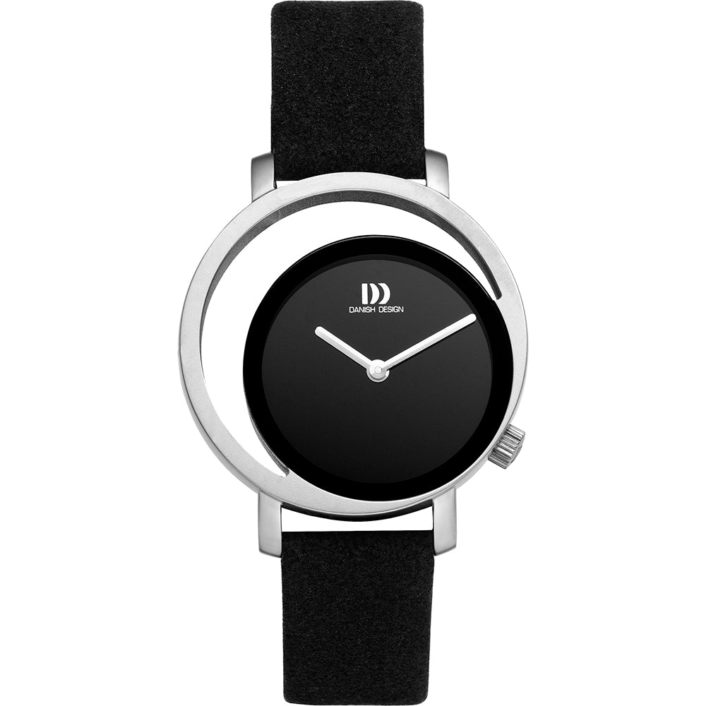 Uhr mit schwarzem Zifferblatt, silbernem Gehäuse und schwarzem Lederarmband