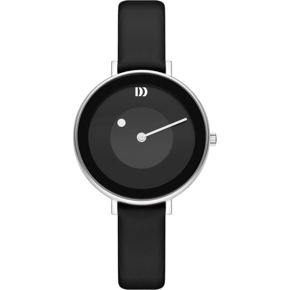Uhr mit schwarzem Zifferblatt, silbernem Gehäuse und schwarzem Lederarmband