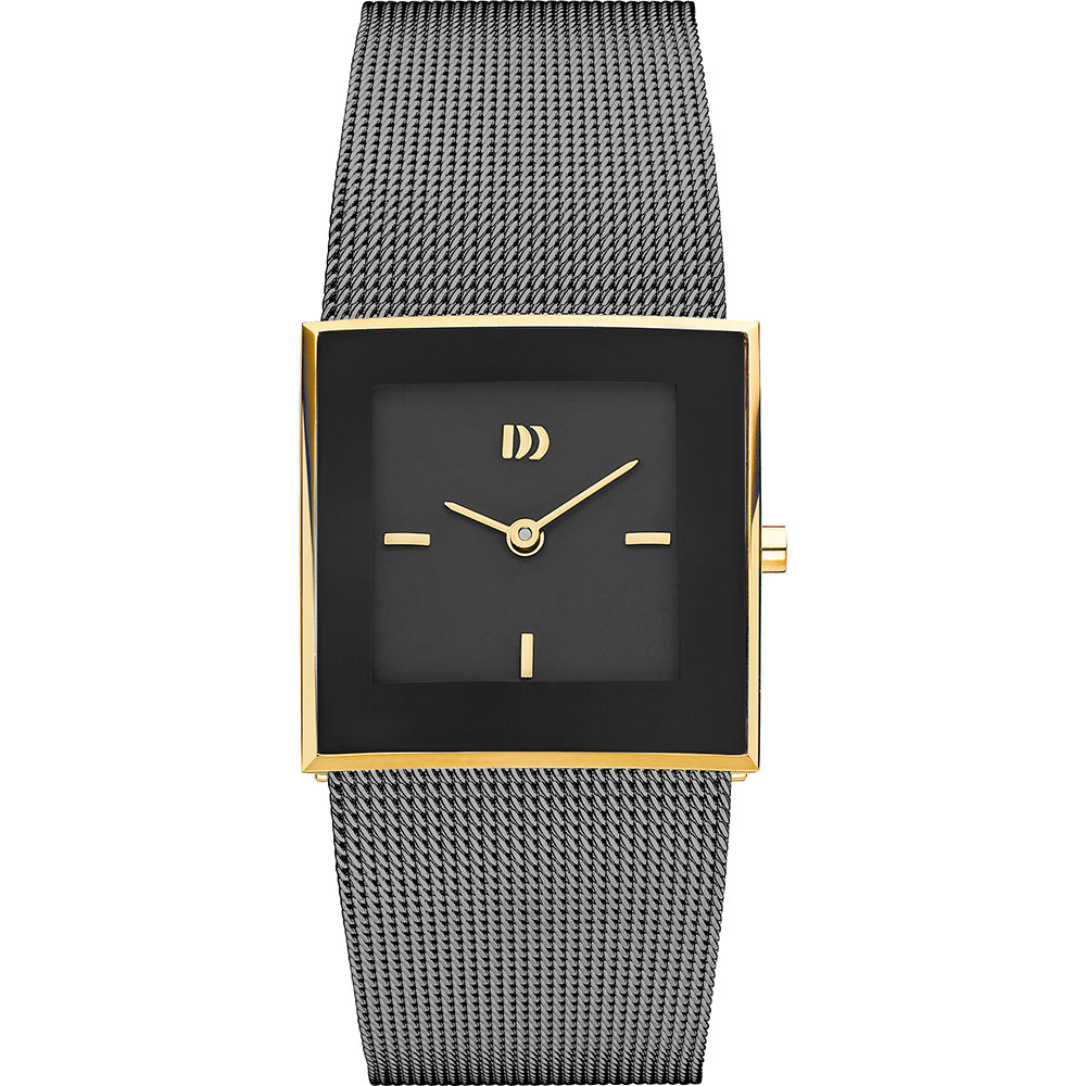 Damenarmbanduhr mit grauem Zifferblatt, quadratischem Gehäuse und schwarzem Mesh-Armband