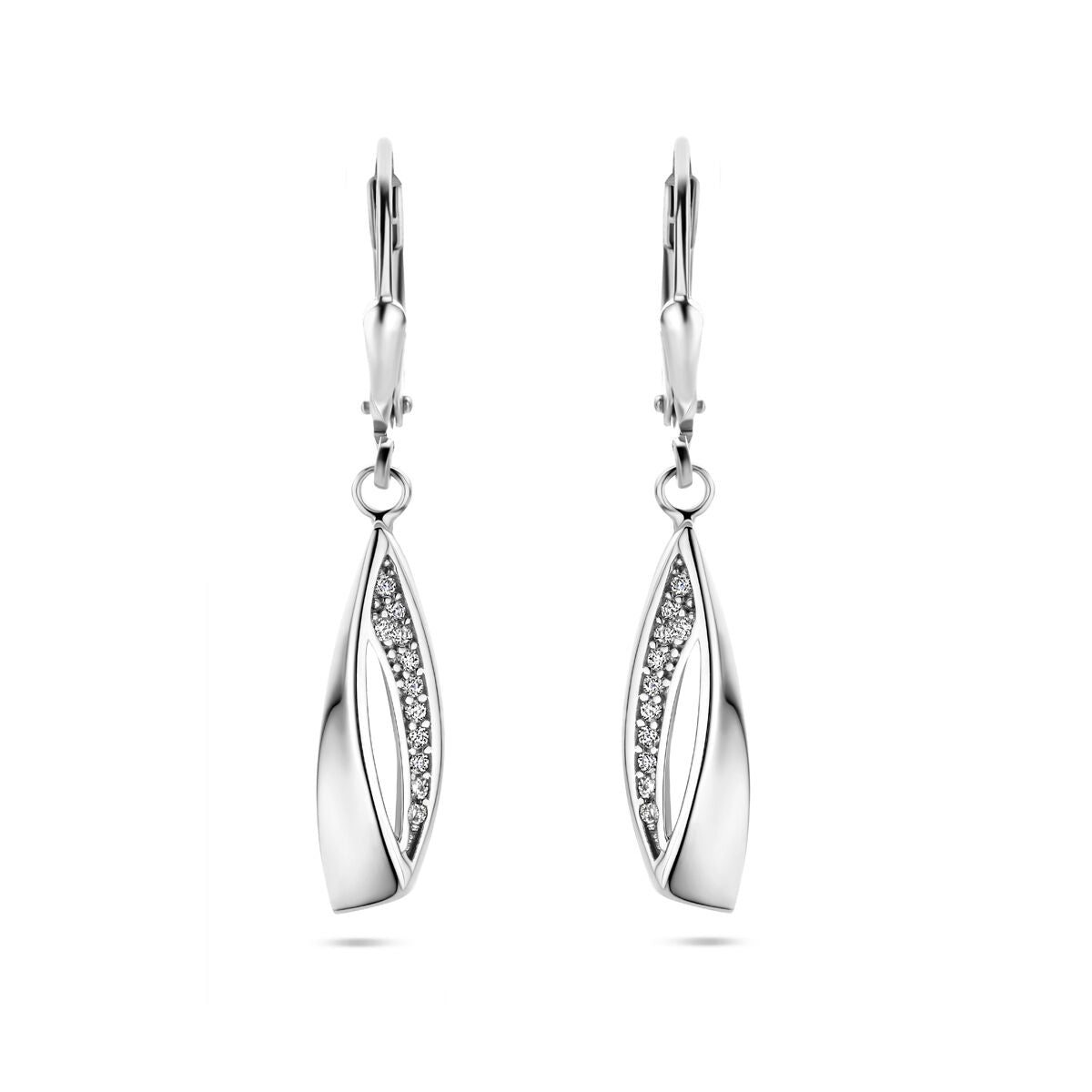 Ohrhänger aus rhodiniertem Silber mit Zirkonia, geschwungene Form und glänzender Oberfläche