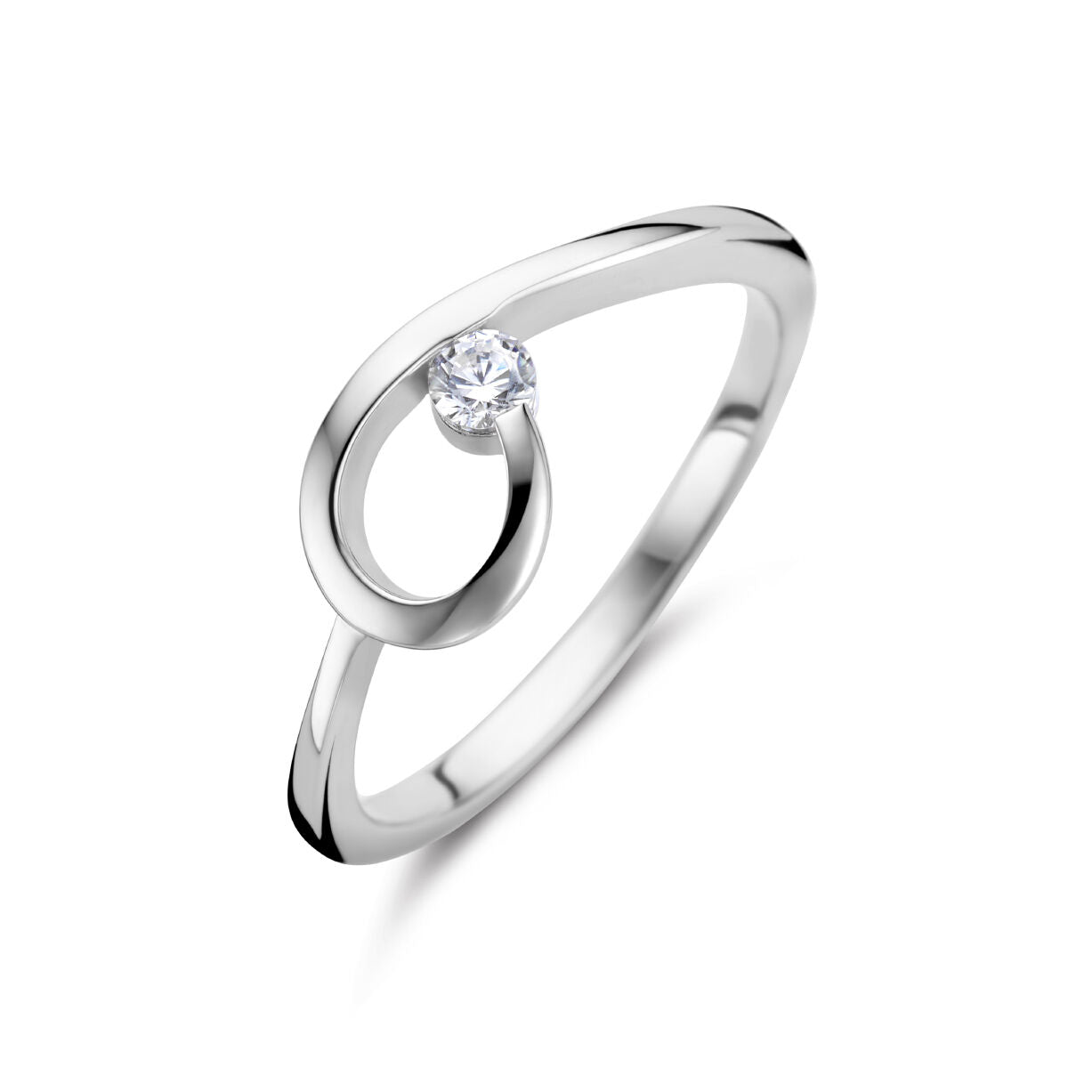 Ring aus rhodiniertem Silber mit einem Zirkonia in geschwungener Form