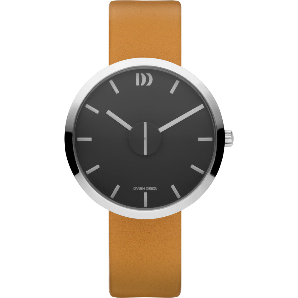 Unisex-Uhr mit schwarzem Zifferblatt, silbernem Gehäuse und braunem Lederarmband