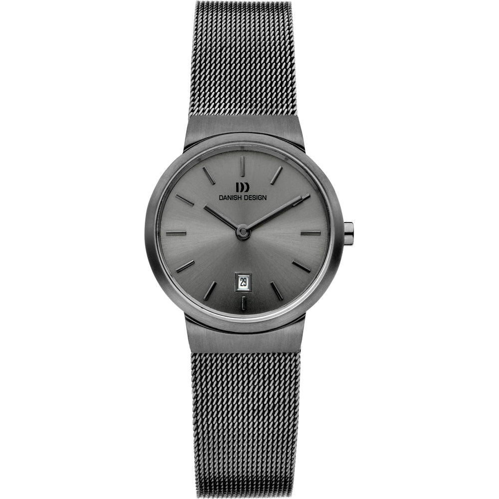 Uhr mit grauem Zifferblatt, silbernem Gehäuse und silbernem Mesh-Armband