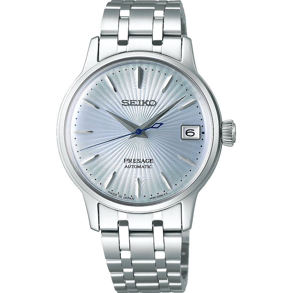 Automatisches Damenarmbanduhr mit silbernem Gehäuse, blauem Zifferblatt und Datumsanzeige