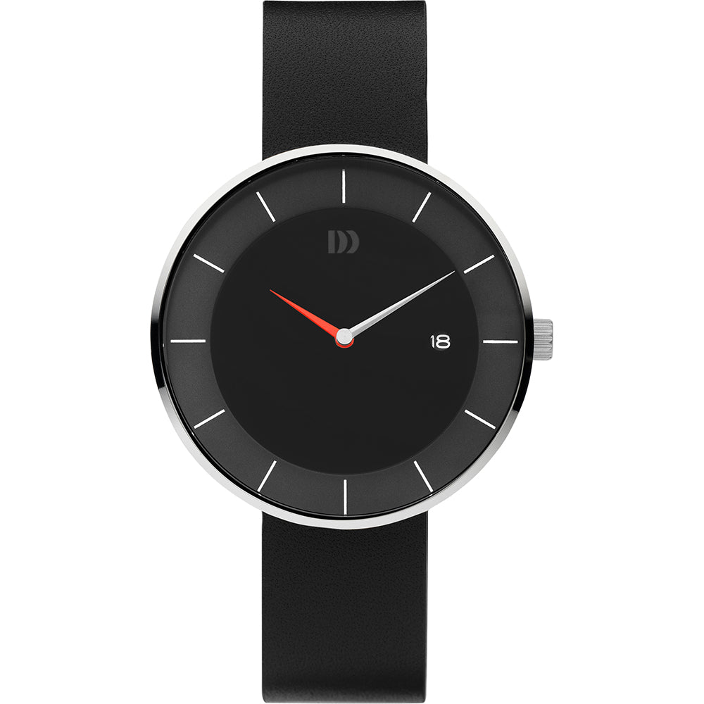 Schwarze Uhr mit silbernem Gehäuse, schwarzem Zifferblatt und rotem Sekundenzeiger