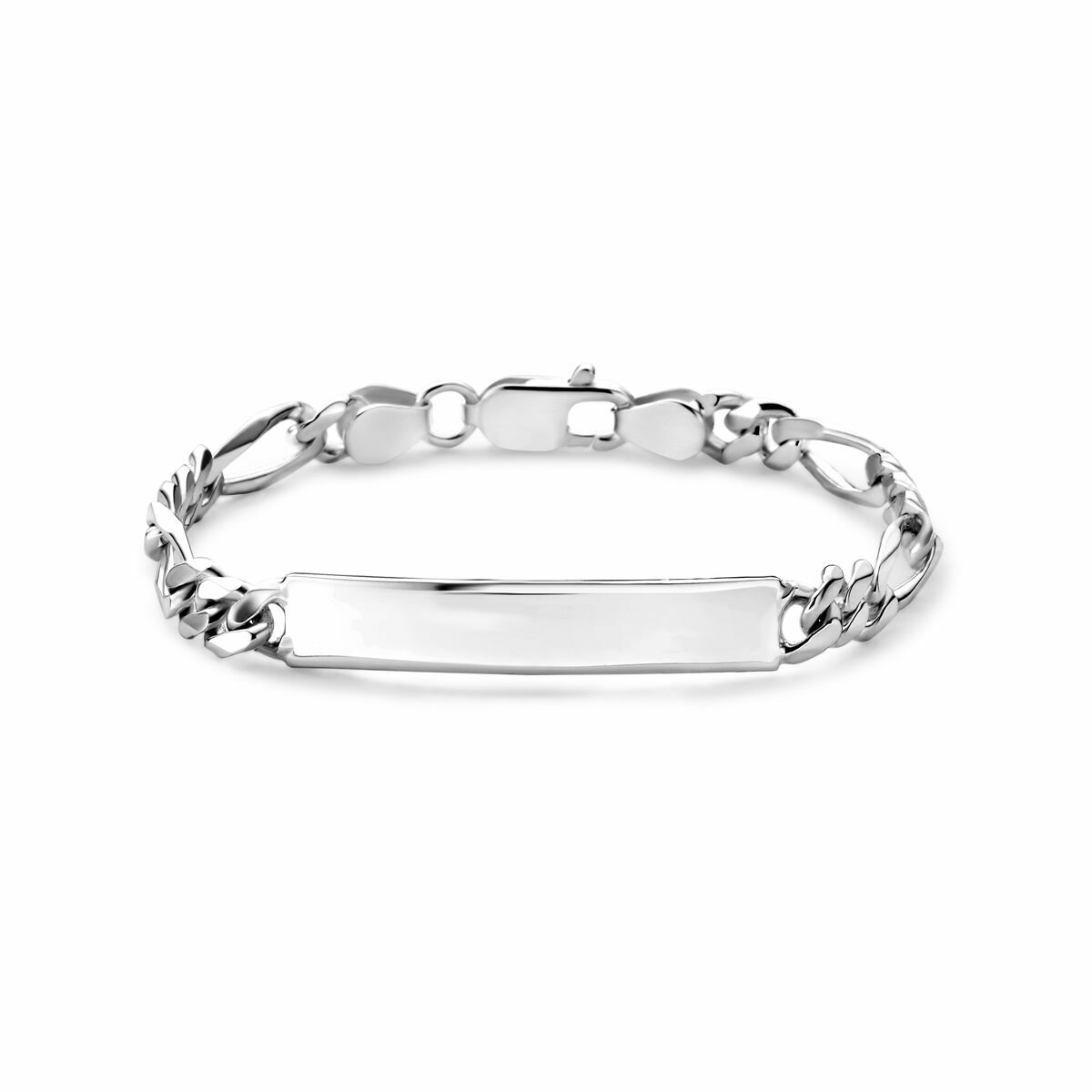 Gravierte Figaro-Armband aus silbernem Edelstahl mit glatter, rechteckiger Platte
