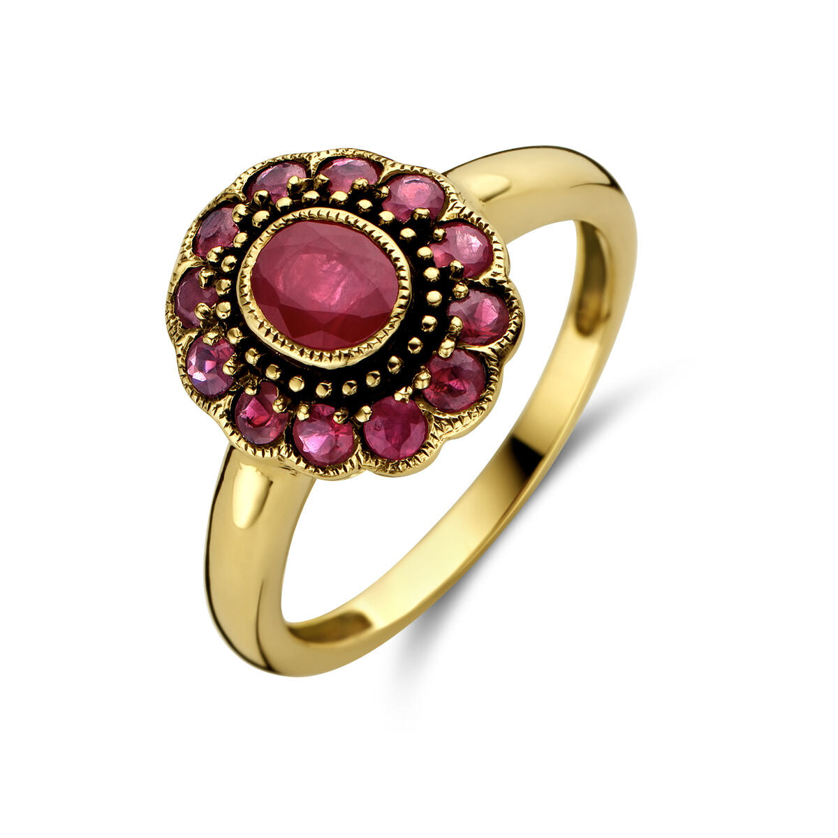 Ring aus 14K Gelbgold mit ovalem Rubin und runden, pinken Edelsteinen in Blütenform