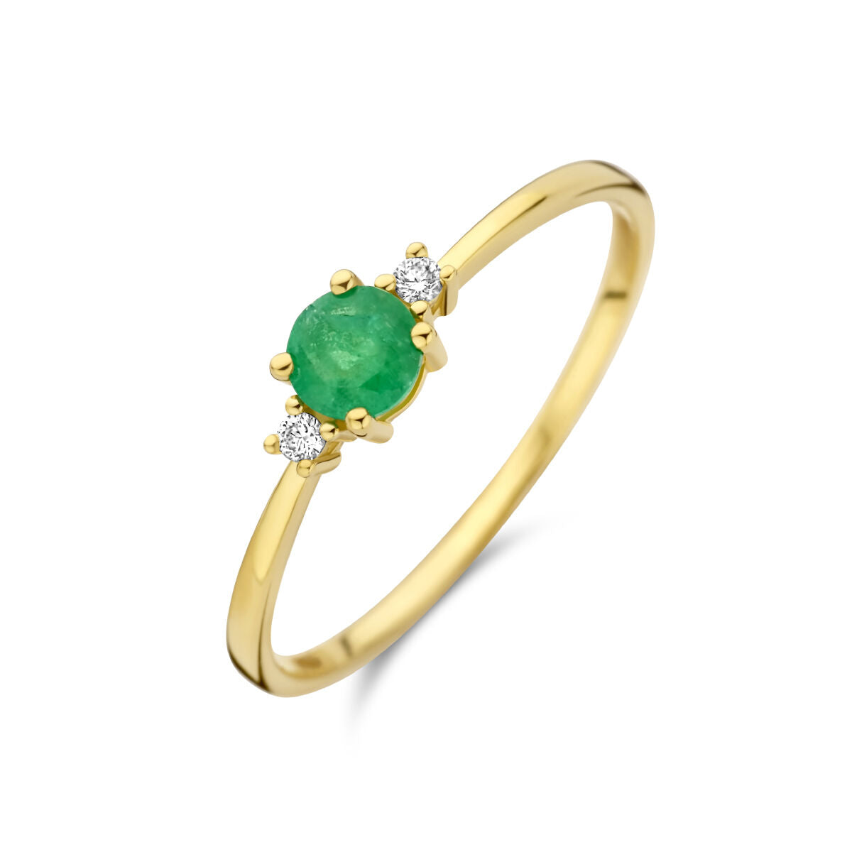 Ring aus 14K Gelbgold mit einem grünen Smaragd und zwei kleinen Diamanten 0,03 ct
