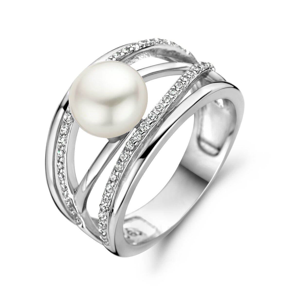 Ring aus rhodiniertem Silber mit einer großen Perle und funkelnden Zirkonia.