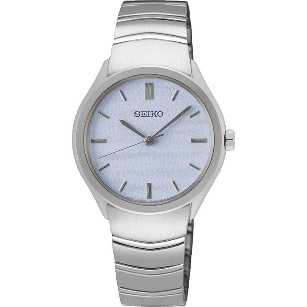 Damenarmbanduhr von Seiko mit silbernem Gehäuse und blauem Zifferblatt