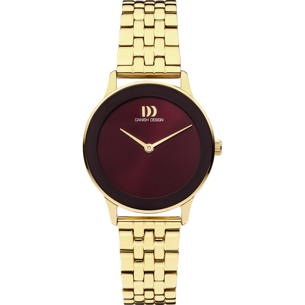 Damenarmbanduhr mit bordeauxfarbenem Zifferblatt und goldfarbenem Armband aus Edelstahl