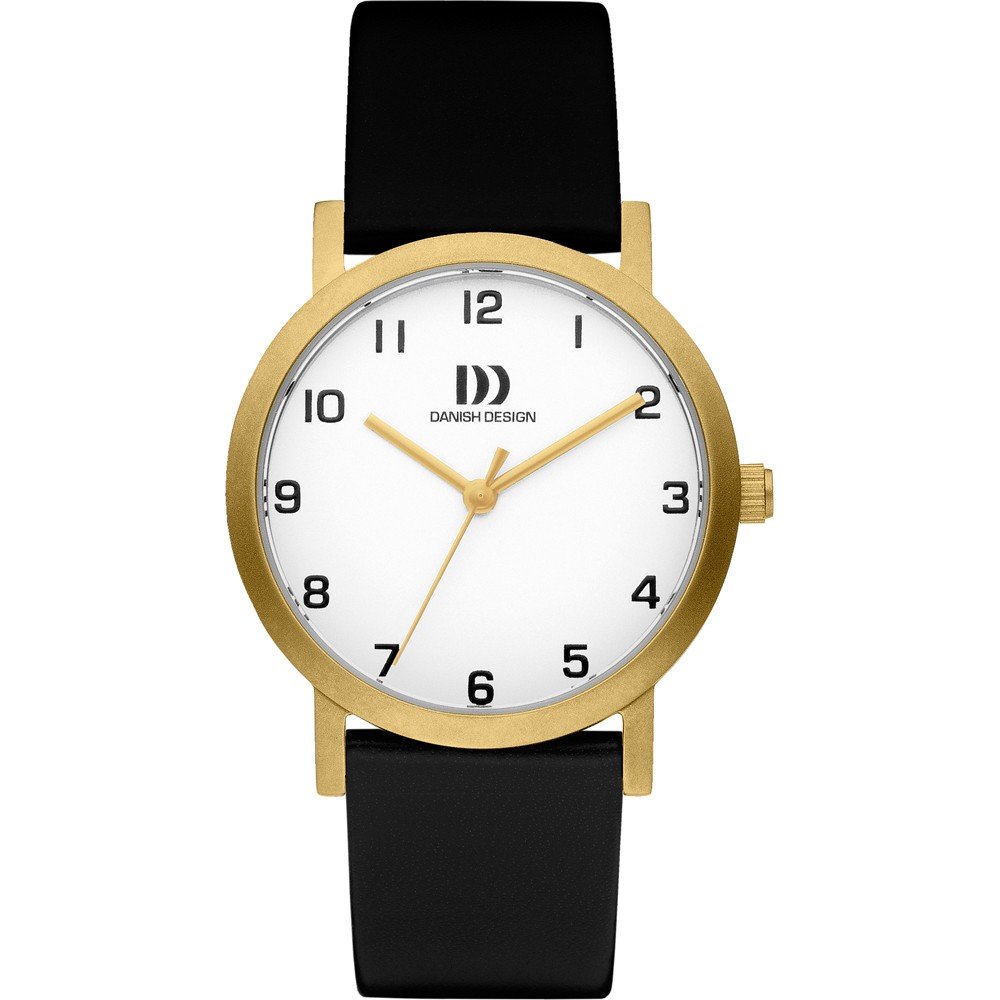 Dame Uhr mit goldfarbenem Gehäuse, weißem Zifferblatt und schwarzem Lederarmband