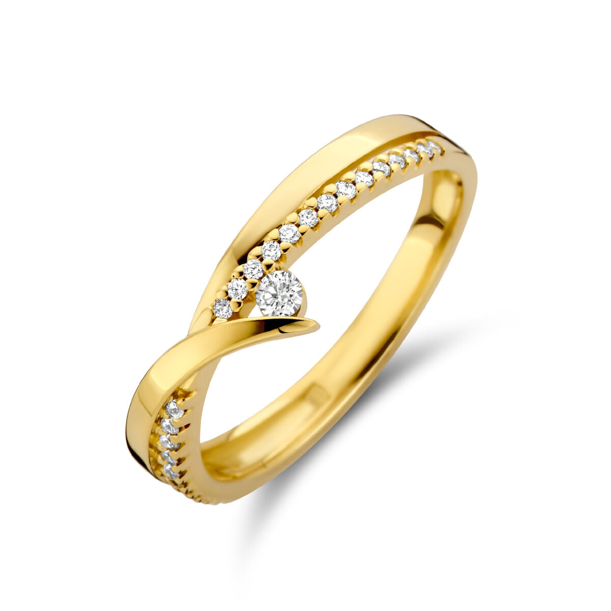 Ring aus 14K Gelbgold mit 0,13 ct Diamant und kleinen, funkelnden Steinen entlang der Fassung
