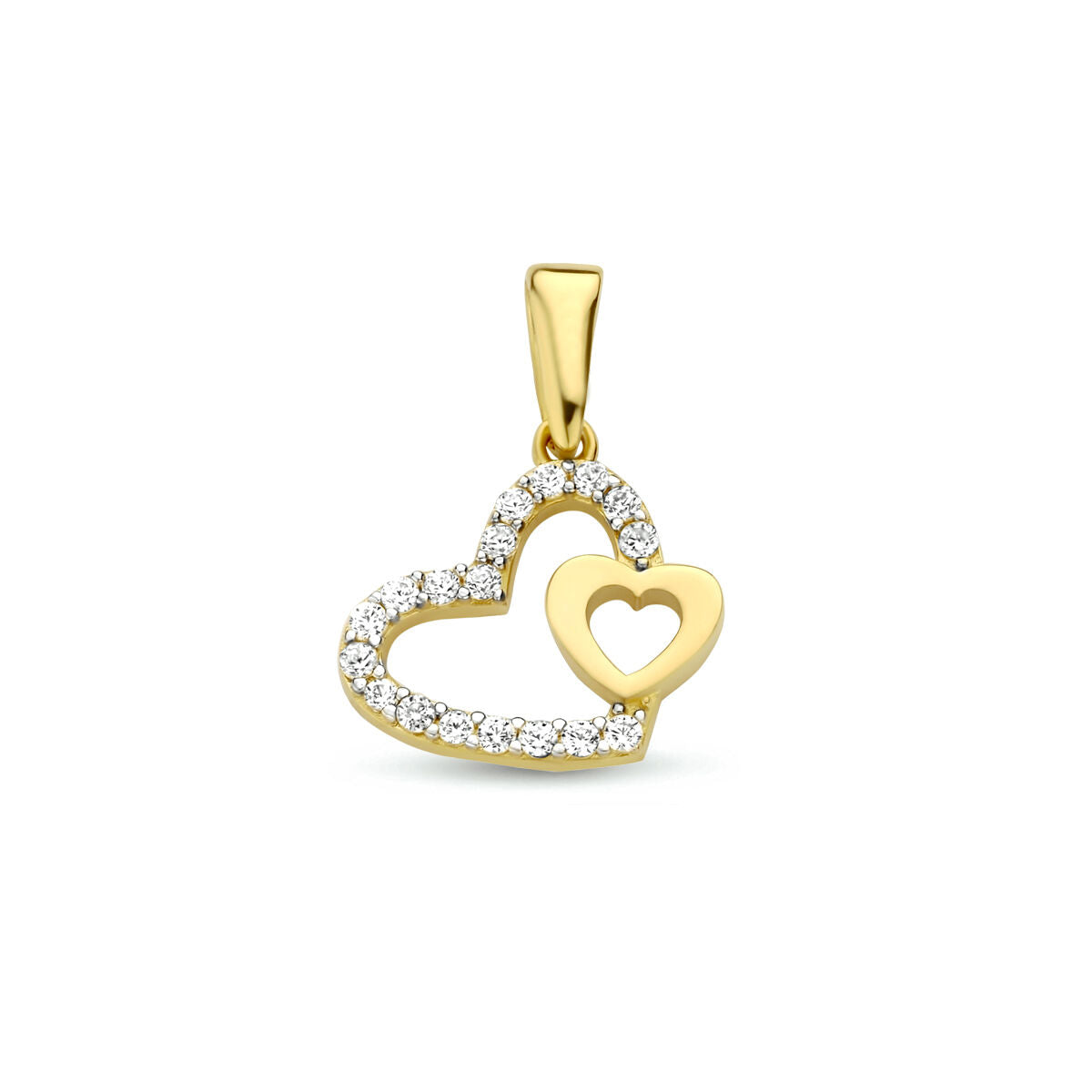 Hänger aus 14K Gelbgold in Herzform mit Zirkonia-Steinen und kleinerem Herz innen