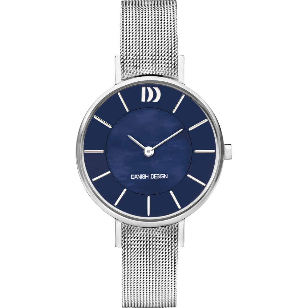 Uhr mit blauem Zifferblatt, silbernem Gehäuse und silbernem Mesh-Armband