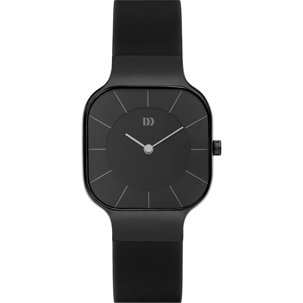 Schwarze Uhr mit quadratischem Gehäuse, schwarzem Zifferblatt und schwarzem Silikonarmband
