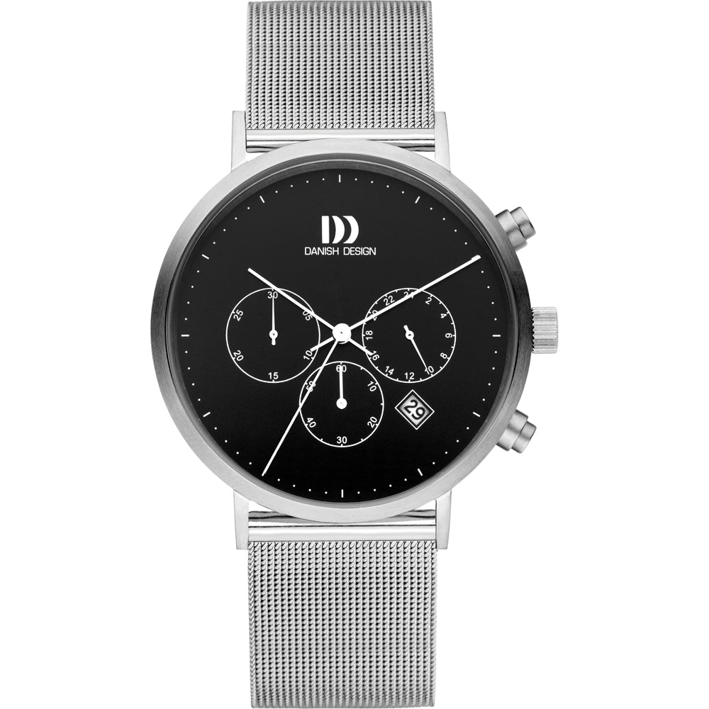 Herrenchronograph mit schwarzem Zifferblatt und silbernem Mesh-Armband