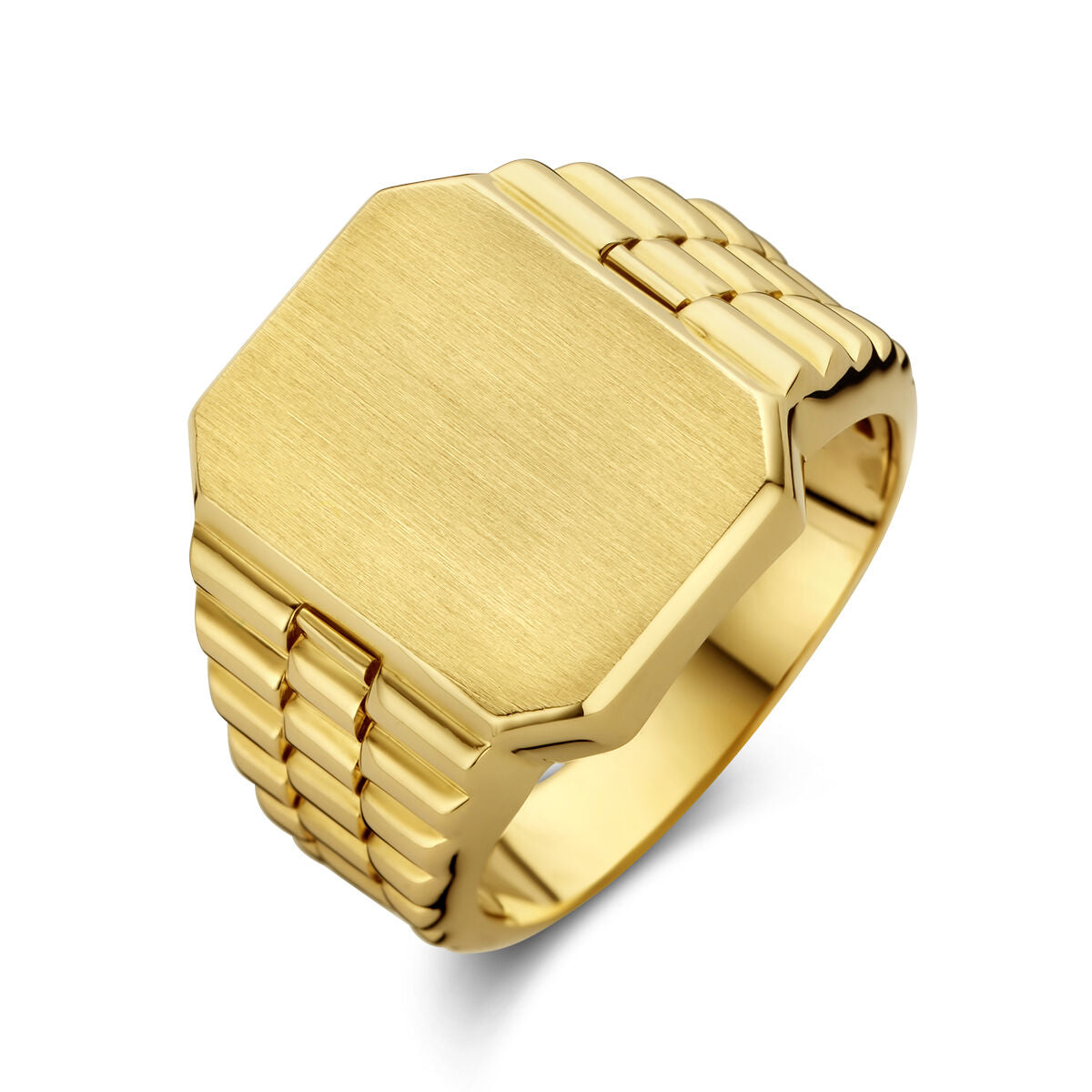 Gravur-Ring aus mattiertem 14K Gelbgold mit hexagonalem Design und strukturiertem Band.