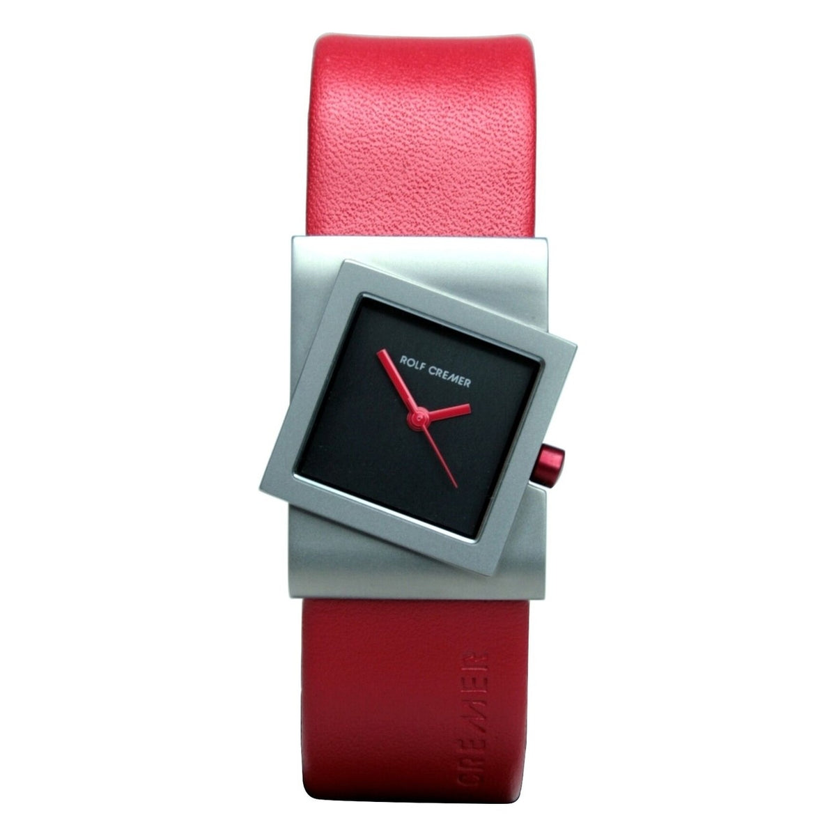 Uhr mit quadratischem Gehäuse, schwarzem Zifferblatt und rotem Lederarmband