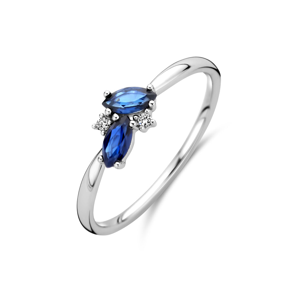 Ring aus 14K Weißgold mit zwei blauen Saphiren und drei kleinen Diamanten