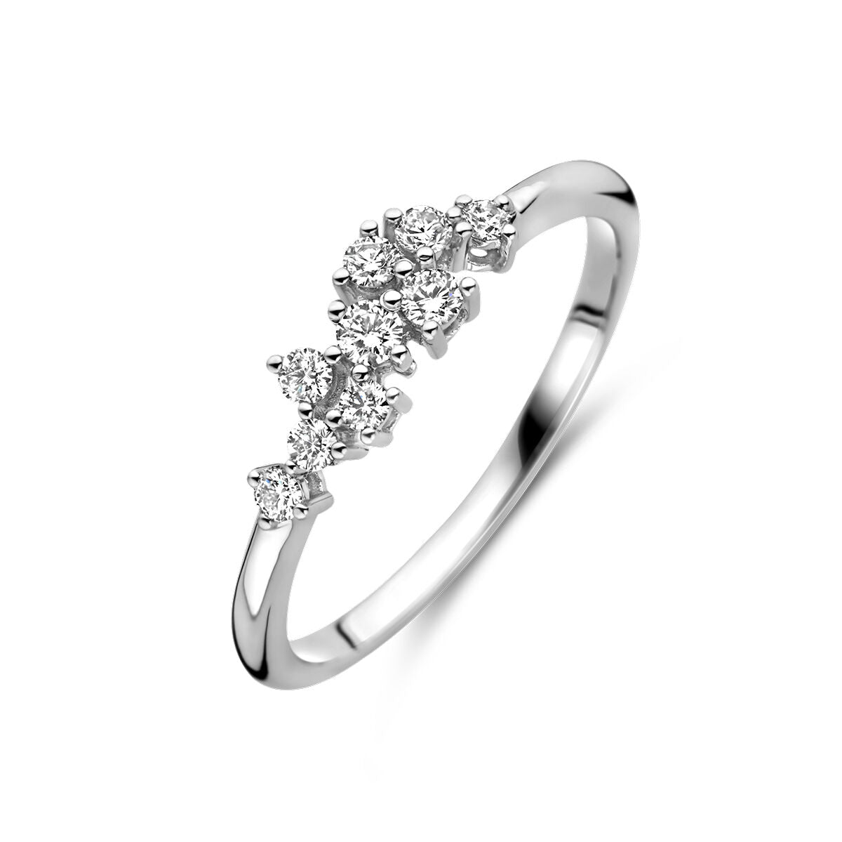 Ring aus 14K Weißgold mit fünf Diamanten, insgesamt 0,21 ct, in verschiedenen Größen angeordnet