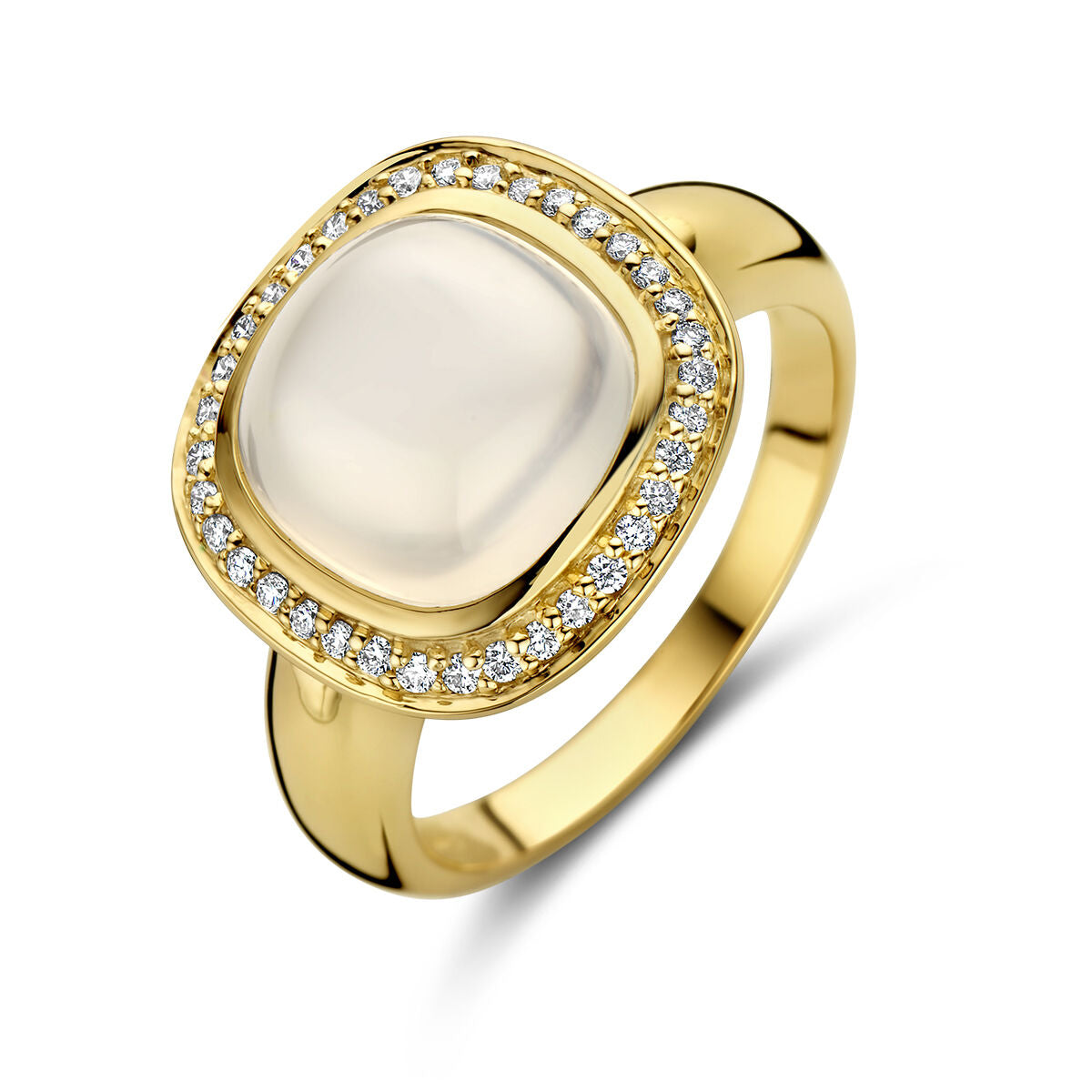 Ring weißer Mondstein und Diamant 0,20 ct h Si Halo 14K Gelbgold