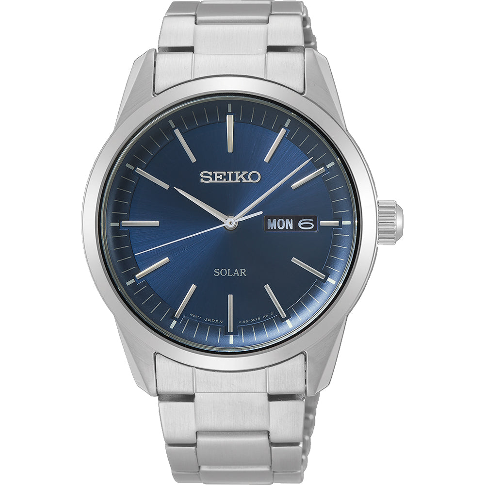 Herren Solar-Uhr mit blauem Zifferblatt, silbernem Gehäuse und Armband aus Edelstahl