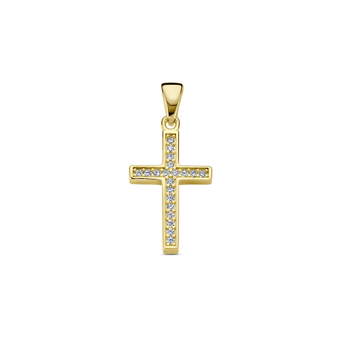 Hänger in Form eines Kreuzes aus 14K Gelbgold mit Zirkonia-Steinen besetzt