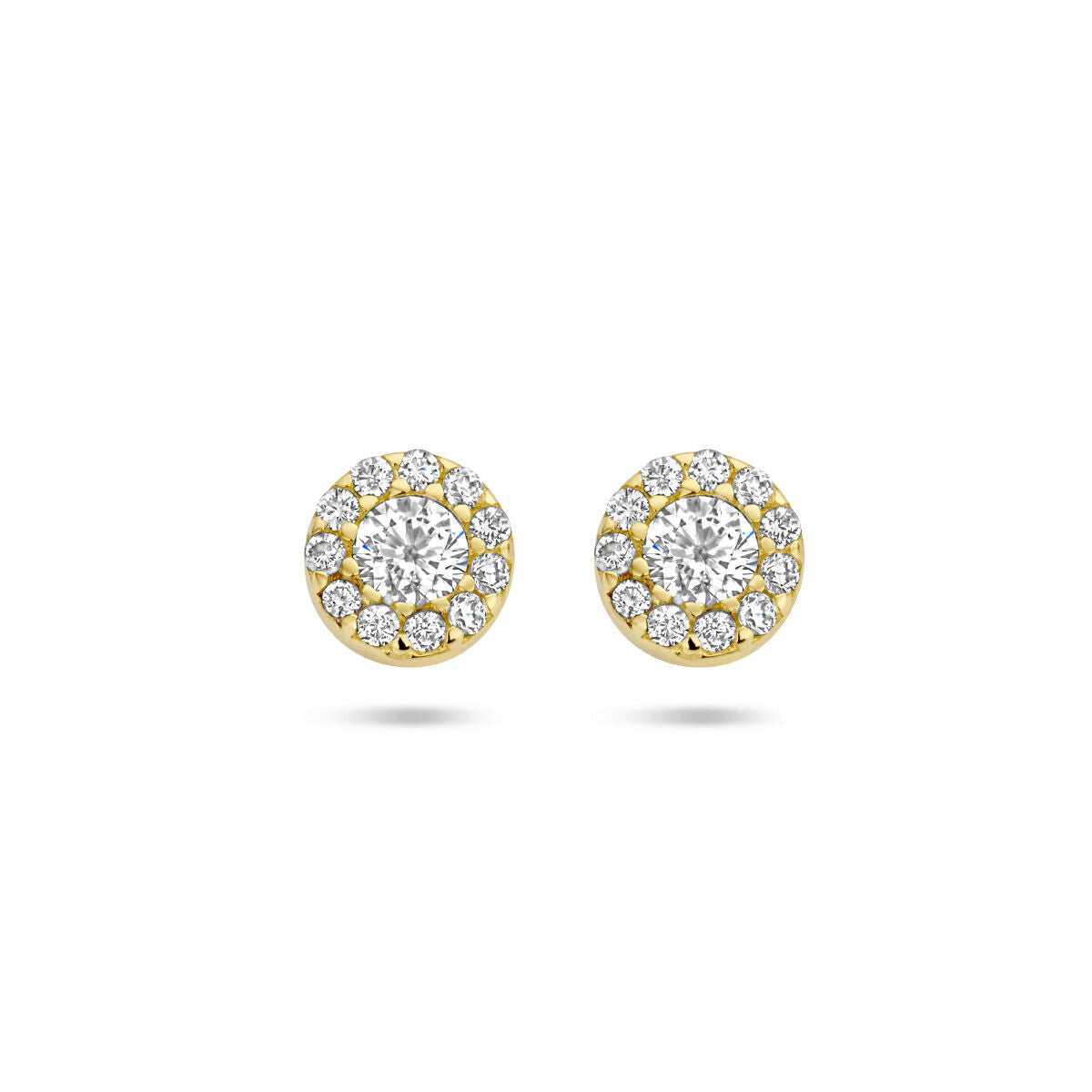 Ohrstecker aus 14K Gelbgold mit Zirkonia in Halo-Form und funkelndem Design