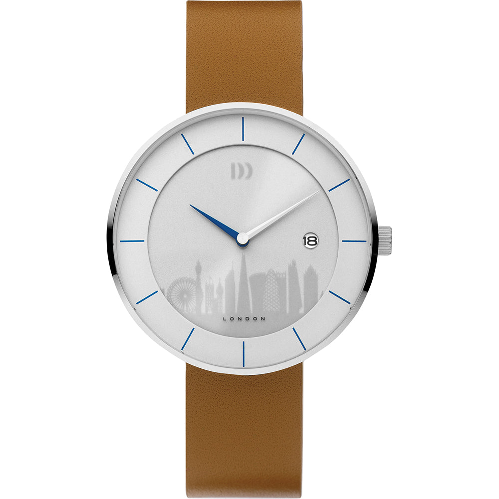 Uhr mit silbernem Gehäuse, weißem Zifferblatt, blauen Zeigern und braunem Silikonarmband