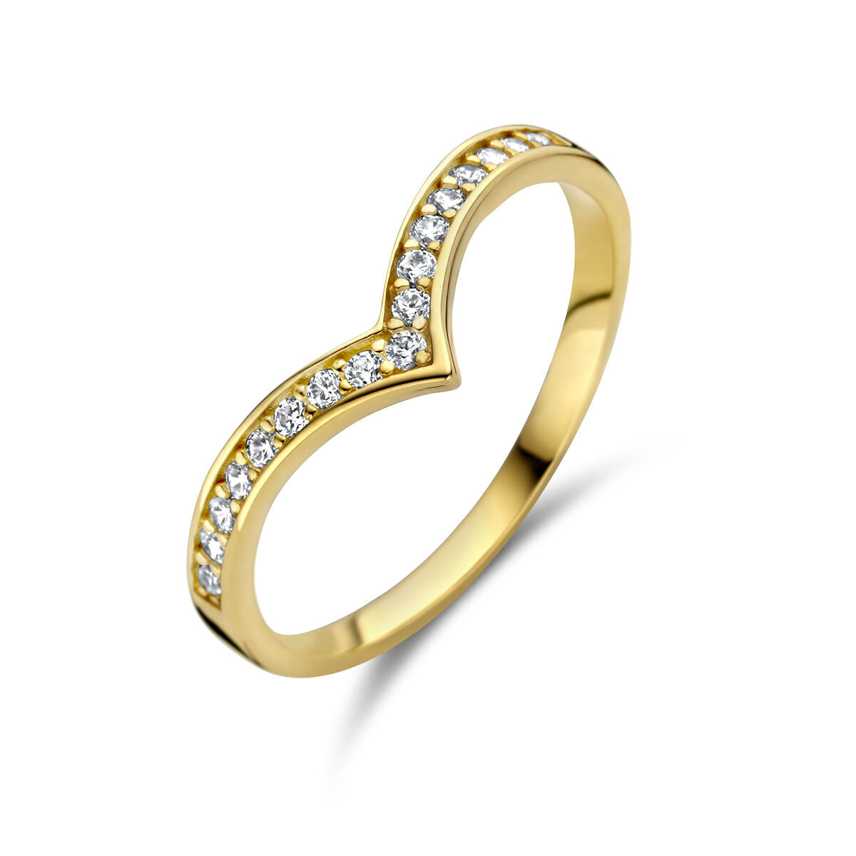 Ring aus 14K Gelbgold mit Zirkonia in Herzform und funkelnden Steinen entlang der Fassung