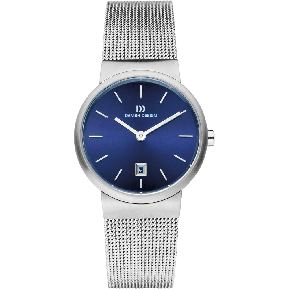 Uhr mit blauem Zifferblatt, silbernem Gehäuse und Mesh-Armband, Datumsanzeige bei 6 Uhr