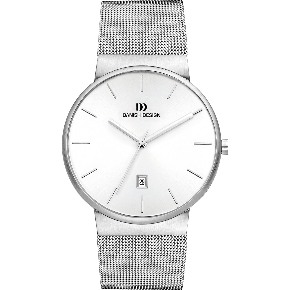 Uhr mit silbernem Gehäuse, weißem Zifferblatt und silbernem Mesh-Armband, Datumsanzeige bei 6 Uhr