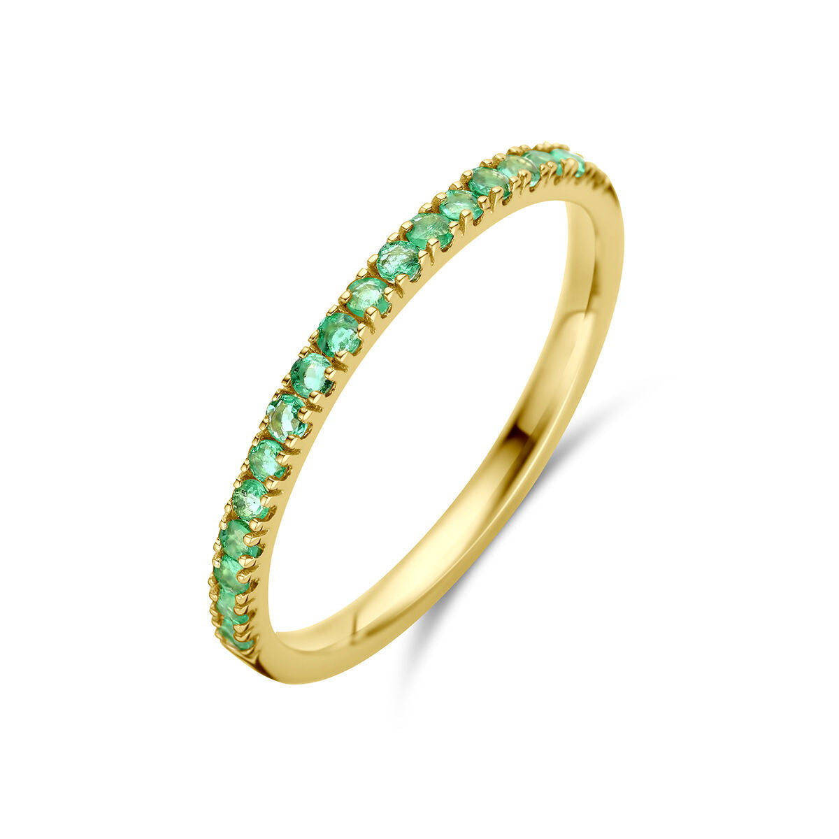 Ring aus 14K Gelbgold mit grünen Smaragden, schmal und mit funkelnden Steinen besetzt