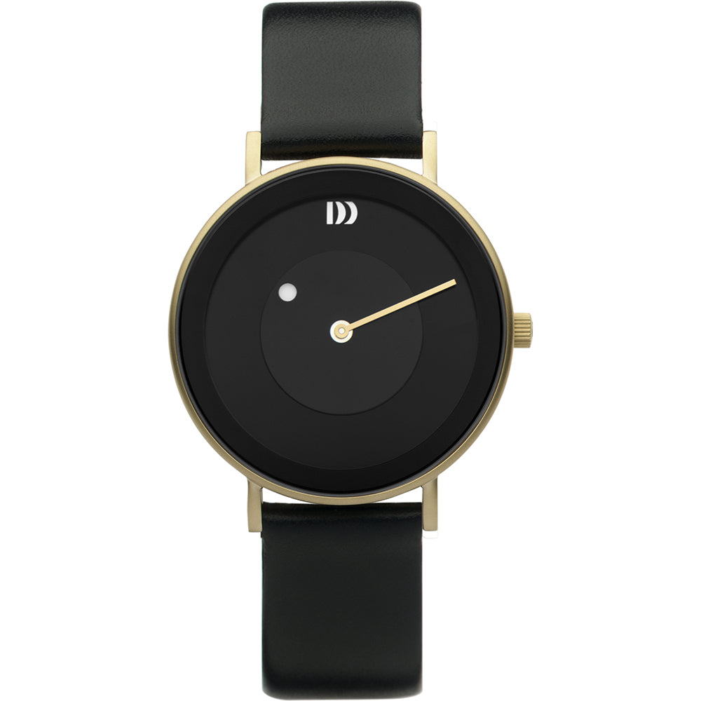 Uhr mit schwarzem Zifferblatt, goldfarbenem Gehäuse und schwarzem Lederarmband