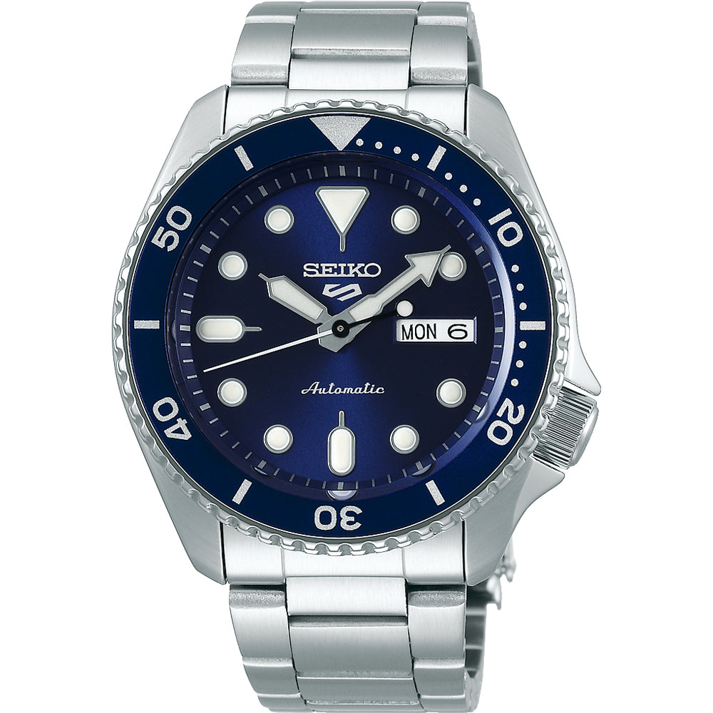 Herrenautomatik-Uhr Seiko 5 Sports mit blauem Zifferblatt und silbernem Edelstahlarmband