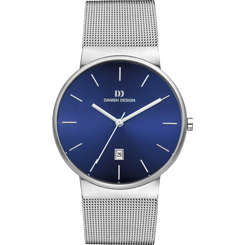 Uhr mit blauem Zifferblatt, silbernem Gehäuse und silbernem Mesh-Armband, Datumsanzeige bei 6 Uhr