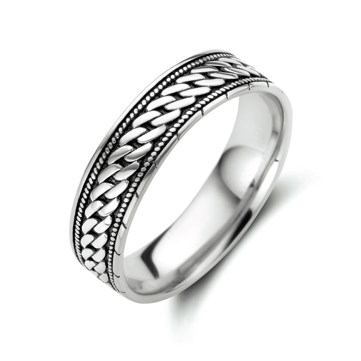 Ring aus oxidiertem Silber mit geflochtenem Muster und feiner Detailverzierung