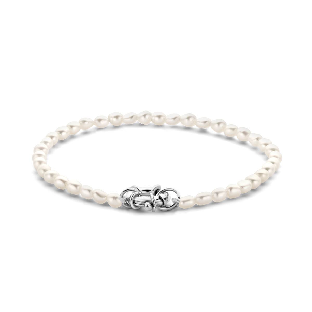 Silbernes Damenarmband mit kleinen Perlen und großem rhodiniertem Karabinerverschluss