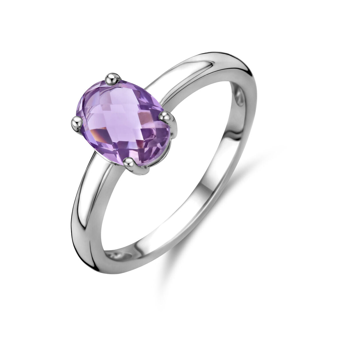 Ring aus rhodiniertem Silber mit ovalem Amethyst in lila Farbton