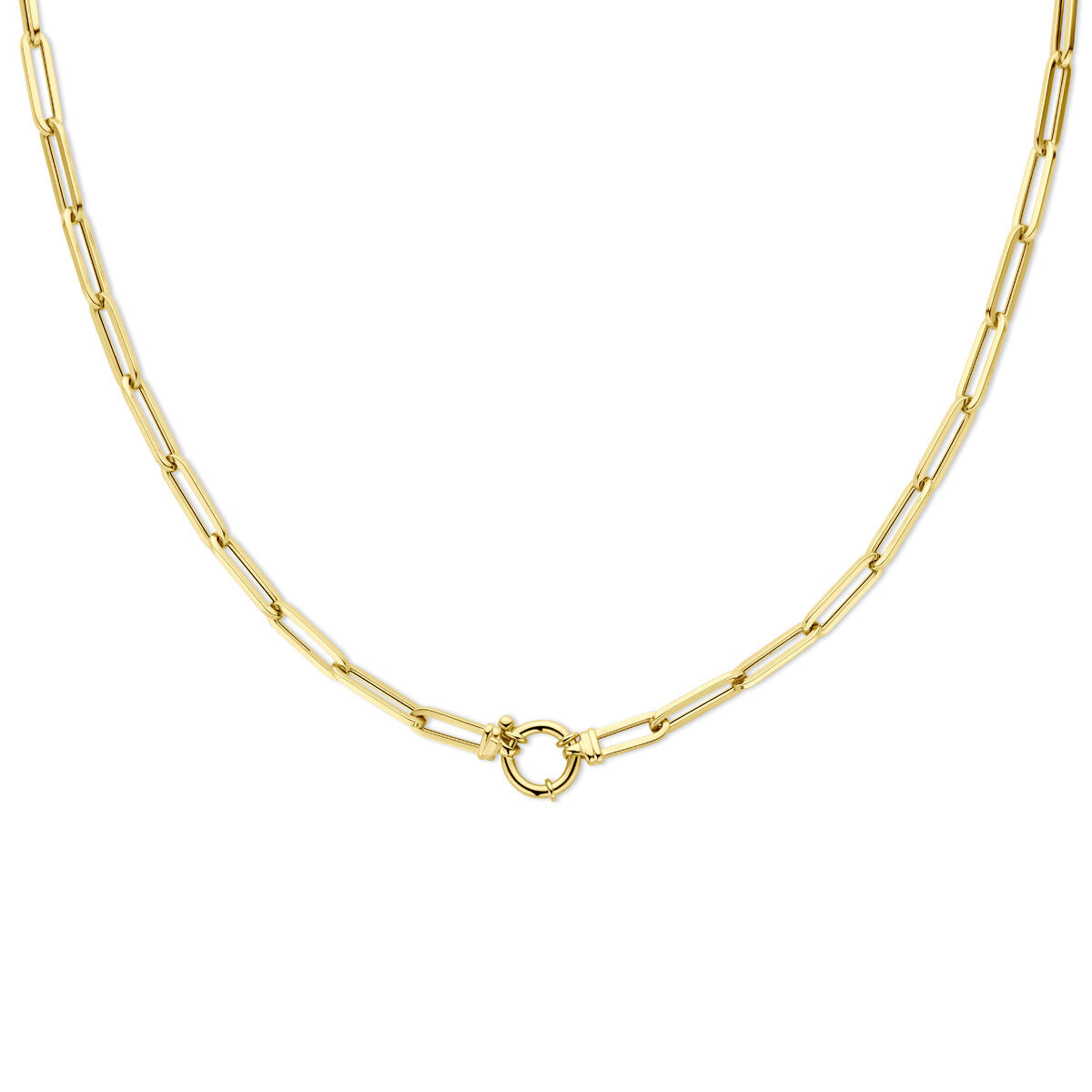 Goldene Damenkette im Paperclip-Design mit quadratischem Rohr und großem Federringverschluss aus 14K Gold