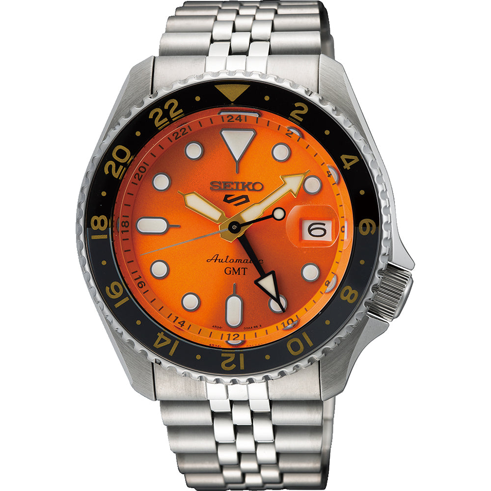 Herrenarmbanduhr mit orangefarbenem Zifferblatt, schwarzer Lünette und Edelstahl-Mesh-Armband