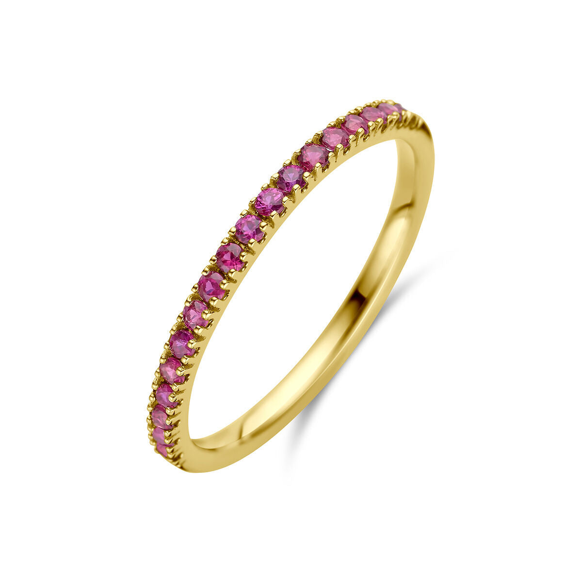 Ring aus 14K Gelbgold mit roten Rubinen als Geburtsstein für Juli, schmal und glänzend