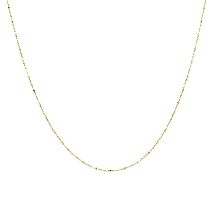 Het Van der Kooij Collectie collier bolletjes 1,3 mm 41 + 3 cm in 14K geelgoud heeft een delicaat ankerschakelontwerp met kleine kraaltjes, afgebeeld op een witte achtergrond-een tijdloos sieraad perfect voor elke gelegenheid.