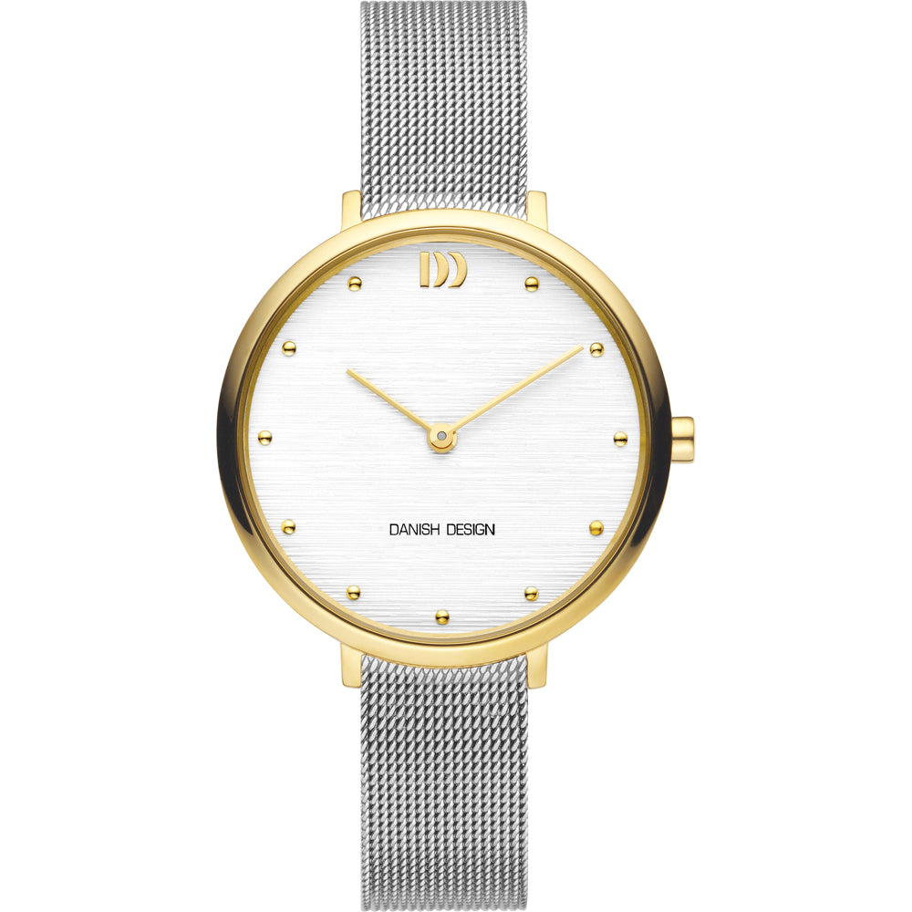 Uhr mit weißem Zifferblatt, goldfarbenem Gehäuse und silbernem Mesh-Armband