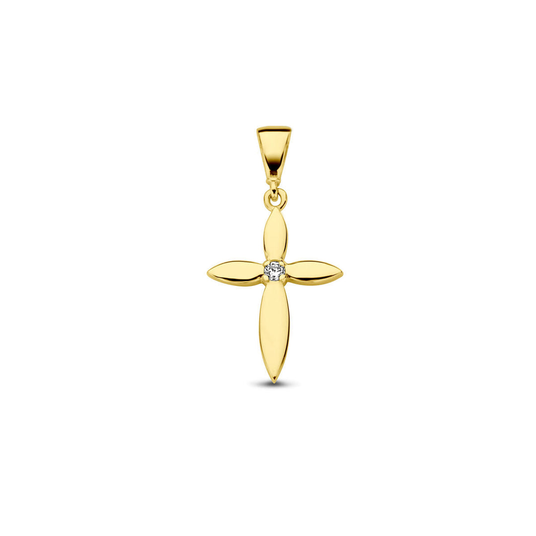 De Van der Kooij Collectie hanger kruis zirkonia 14K geelgoud heeft bloembladvormige armen en een centrale ronde zirkonia. Uniseks, subtiel en tijdloos sieraad, stijlvol gepresenteerd op een witte achtergrond.