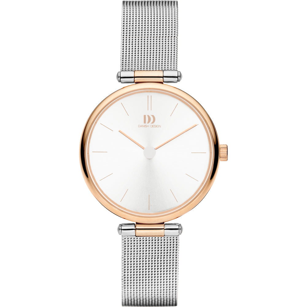 Uhr mit silbernem Mesh-Armband und roségoldenem Gehäuse sowie weißem Zifferblatt